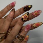 Summer Press on Nails with Sun & Gold Detail | 3D Floral Fake Nails in Medium Almond | Handmade Ocean Nail Art for Holiday, Vacation, Party - Image 5