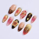 Summer Press on Nails with Sun & Gold Detail | 3D Floral Fake Nails in Medium Almond | Handmade Ocean Nail Art for Holiday, Vacation, Party - Image 4