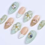 Summer Press on Nails with Mint Green Flower & Shell | 3D Fake Nails in Medium Almond | Handmade Ocean Nail Art for Holiday, Vacation, Party - Image 3