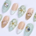 Summer Press on Nails with Mint Green Flower & Shell | 3D Fake Nails in Medium Almond | Handmade Ocean Nail Art for Holiday, Vacation, Party - Image 5
