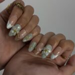 Summer Press on Nails with Mint Green Flower & Shell | 3D Fake Nails in Medium Almond | Handmade Ocean Nail Art for Holiday, Vacation, Party - Image 6