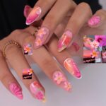 Summer Press On Nails with 3D Pink Flowers and Tropical Ombre Design, Meidum Almond Fake Nails for Vacation or Beach Holiday, Gift for Her - Image 2