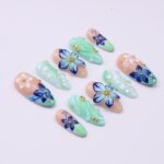 Press on Nails Mint Green with Blue Tropical Flowers | 3D Fake Nails in Medium Almond | Handmade Nail Art for Holiday, Vacation, Birthday - Image 6