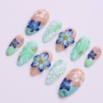 Press on Nails Mint Green with Blue Tropical Flowers | 3D Fake Nails in Medium Almond | Handmade Nail Art for Holiday, Vacation, Birthday - Image 7