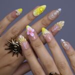 Summer Press on Nails with Vibrant Yellow & Pink Floral | 3D Seashell Fake Nails in Medium Almond | Handmade Nail Art for Vacation, Birthday - Image 2
