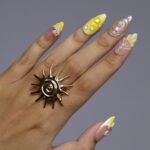 Summer Press on Nails with Vibrant Yellow & Pink Floral | 3D Seashell Fake Nails in Medium Almond | Handmade Nail Art for Vacation, Birthday - Image 4