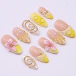 Summer Press on Nails with Vibrant Yellow & Pink Floral | 3D Seashell Fake Nails in Medium Almond | Handmade Nail Art for Vacation, Birthday - Image 7