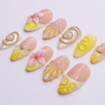 Summer Press on Nails with Vibrant Yellow & Pink Floral | 3D Seashell Fake Nails in Medium Almond | Handmade Nail Art for Vacation, Birthday - Image 6