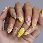 Summer Press on Nails with Vibrant Yellow & Pink Floral | 3D Seashell Fake Nails in Medium Almond | Handmade Nail Art for Vacation, Birthday - Image 3