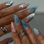 Summer Press on Nail with Ocean Waves & Pearl Rose | 3D Blue Fake Nails in Medium Almond | Handmade Beach Nail Art for Vacation, Party, Gift - Image 6