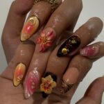 Summer Press on Nails with Sun & Gold Detail | 3D Floral Fake Nails in Medium Almond | Handmade Ocean Nail Art for Holiday, Vacation, Party - Image 2