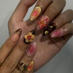 Summer Press on Nails with Sun & Gold Detail | 3D Floral Fake Nails in Medium Almond | Handmade Ocean Nail Art for Holiday, Vacation, Party - Image 6