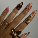 Summer Press on Nails with Sun & Gold Detail | 3D Floral Fake Nails in Medium Almond | Handmade Ocean Nail Art for Holiday, Vacation, Party - Image 7