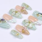 Summer Press on Nails with Mint Green Flower & Shell | 3D Fake Nails in Medium Almond | Handmade Ocean Nail Art for Holiday, Vacation, Party - Image 7