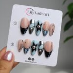 Trending Polka Dot Press On Nails in Blue & Silver Chrome, Medium Almond Black and White Fake Nails, Custom Nail Art for Party or Night Out - Image 2