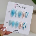 Summer Press on Nail with Ocean Waves & Pearl Rose | 3D Blue Fake Nails in Medium Almond | Handmade Beach Nail Art for Vacation, Party, Gift - Image 7