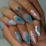Summer Press on Nail with Ocean Waves & Pearl Rose | 3D Blue Fake Nails in Medium Almond | Handmade Beach Nail Art for Vacation, Party, Gift - Image 3
