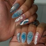 Summer Press on Nail with Ocean Waves & Pearl Rose | 3D Blue Fake Nails in Medium Almond | Handmade Beach Nail Art for Vacation, Party, Gift - Image 4