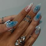 Summer Press on Nail with Ocean Waves & Pearl Rose | 3D Blue Fake Nails in Medium Almond | Handmade Beach Nail Art for Vacation, Party, Gift - Image 2