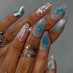 Summer Press on Nail with Ocean Waves & Pearl Rose | 3D Blue Fake Nails in Medium Almond | Handmade Beach Nail Art for Vacation, Party, Gift - Image 5