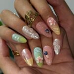 Summer Press on Nails with Pastel Flowers | French Tip Fake Nails in Medium Almond | Handmade Nail Art for Vacation, Beach & Everyday Wear - Image 3