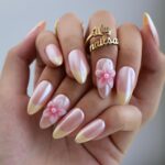 Pastel Press On Nails with Butter Yellow Tip & 3D Pink Blossom | Medium Almond Fake Nails | Handmade Nail Art for Everyday Wear Or Gift
