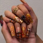 Autumn Press On Nails with Squirrel, Deer Print & Leaves | Fake Nails in Long Square | Handmade Fall Nail Art for Vacation, Party Or Gift - Image 4