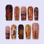 Autumn Press On Nails with Squirrel, Deer Print & Leaves | Fake Nails in Long Square | Handmade Fall Nail Art for Vacation, Party Or Gift