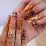 Autumn Press On Nails with Squirrel, Deer Print & Leaves | Fake Nails in Long Square | Handmade Fall Nail Art for Vacation, Party Or Gift - Image 3