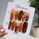 Autumn Press On Nails with Squirrel, Deer Print & Leaves | Fake Nails in Long Square | Handmade Fall Nail Art for Vacation, Party Or Gift - Image 7