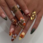 Fall Press On Nails with Tropical Flowers & Leaves | 3D Floral Fake Nails in Medium Almond | Handmade Nail Art for Fall Looks Or Parties - Image 3