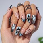 Trending Polka Dot Press On Nails in Blue & Silver Chrome, Medium Almond Black and White Fake Nails, Custom Nail Art for Party or Night Out - Image 3