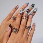 Trending Polka Dot Press On Nails in Blue & Silver Chrome, Medium Almond Black and White Fake Nails, Custom Nail Art for Party or Night Out - Image 4