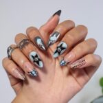 Trending Polka Dot Press On Nails in Blue & Silver Chrome, Medium Almond Black and White Fake Nails, Custom Nail Art for Party or Night Out - Image 5