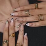 Autumn Press On Nails with Tortoiseshell, Gold Tips & Floral | Nude Fake Nails in Medium Almond | Handmade Nail Art for Everyday Looks - Image 2