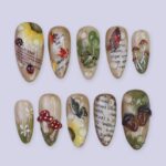 Autumn Press On Nails with Mushrooms, Leaves & Acorns | Fake Nails in Medium Almond | Handmade Nail Art for Fall Looks, Parties Or Gifts