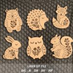 Animal Pins SVG Bundle. Laser cut file for Glowforge. Badges with forest animals, owl, hedgehog, hare, squirrel, Christmas brooches