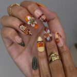 Fall Press On Nails with Tropical Flowers & Leaves | 3D Floral Fake Nails in Medium Almond | Handmade Nail Art for Fall Looks Or Parties - Image 6