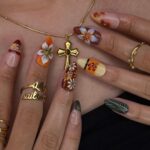 Fall Press On Nails with Tropical Flowers & Leaves | 3D Floral Fake Nails in Medium Almond | Handmade Nail Art for Fall Looks Or Parties - Image 2