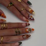 Fall Press On Nails with Tropical Flowers & Leaves | 3D Floral Fake Nails in Medium Almond | Handmade Nail Art for Fall Looks Or Parties - Image 4