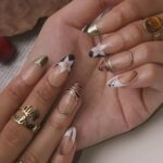Autumn Press On Nails with Tortoiseshell, Gold Tips & Floral | Nude Fake Nails in Medium Almond | Handmade Nail Art for Everyday Looks - Image 3
