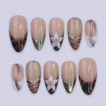 Autumn Press On Nails with Tortoiseshell, Gold Tips & Floral | Nude Fake Nails in Medium Almond | Handmade Nail Art for Everyday Looks
