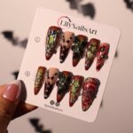 Halloween Gothic Press On Nails With Cross, Stars, Flowers | Studs Fake Nails in Long Almond | Spooky Handmade Nail Art for Party, Costumes - Image 7