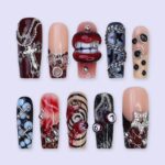 Halloween Gothic Press On Nails With Lips, Chains & Cross | Long Square Fake Nails with Eyeball | Handmade Nail Art for Parties, Costumes