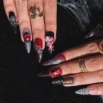 Press On Nails Skull Art with Angel Charm | 3D Fake Nails in Long Almond | Handmade Gothic Silver & Black for Holiday, Vacation, Birthday - Image 4