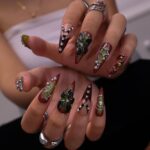 Halloween Gothic Press On Nails With Cross, Stars, Flowers | Studs Fake Nails in Long Almond | Spooky Handmade Nail Art for Party, Costumes - Image 2