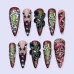 Halloween Gothic Press On Nails With Cross, Stars, Flowers | Studs Fake Nails in Long Almond | Spooky Handmade Nail Art for Party, Costumes