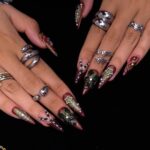 Halloween Gothic Press On Nails With Cross, Stars, Flowers | Studs Fake Nails in Long Almond | Spooky Handmade Nail Art for Party, Costumes - Image 5