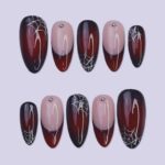 Halloween Press On Nails With Silver Web & Red Ombre | French Tip Fake Nails in Medium Almond | Handmade Nail Art for Party Or Birthday