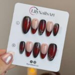 Halloween Press On Nails With Silver Web & Red Ombre | French Tip Fake Nails in Medium Almond | Handmade Nail Art for Party Or Birthday - Image 7